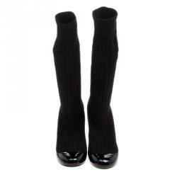 مملوكة مسبقًا Chanel Black Patent Leather and Sock Knee Boots Size 37