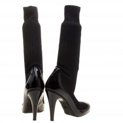 مملوكة مسبقًا Chanel Black Patent Leather and Sock Knee Boots Size 37