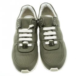 Pre Owned Chanel Olive Green Canvas Lace Up Sneakers Size 39