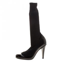 Chanel Black Patent Leather and Sock Knee Boots Size 38