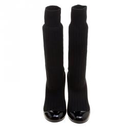 Chanel Black Patent Leather and Sock Knee Boots Size 38