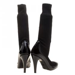 Chanel Black Patent Leather and Sock Knee Boots Size 38