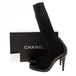 Chanel Black Patent Leather and Sock Knee Boots Size 38