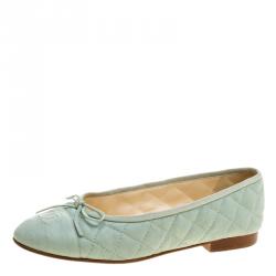 Pre Owned Chanel Mint Green Quilted Leather CC Bow Ballet Flats Size 38