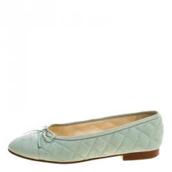 Pre Owned Chanel Mint Green Quilted Leather CC Bow Ballet Flats Size 38