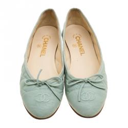 Pre Owned Chanel Mint Green Quilted Leather CC Bow Ballet Flats Size 38