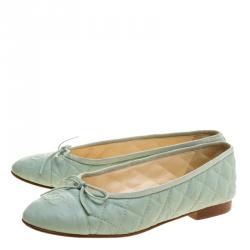 Pre Owned Chanel Mint Green Quilted Leather CC Bow Ballet Flats Size 38