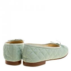 Pre Owned Chanel Mint Green Quilted Leather CC Bow Ballet Flats Size 38