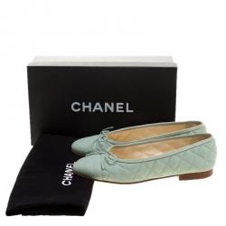 Pre Owned Chanel Mint Green Quilted Leather CC Bow Ballet Flats Size 38