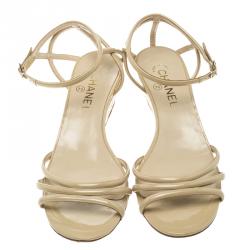 Chanel Beige Patent Leather Ankle Strap Quilted Wedge Open Toe Sandals Size 41