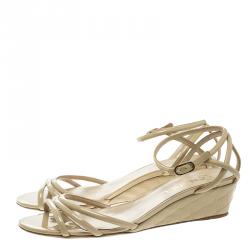 Chanel Beige Patent Leather Ankle Strap Quilted Wedge Open Toe Sandals Size 41