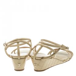 Chanel Beige Patent Leather Ankle Strap Quilted Wedge Open Toe Sandals Size 41