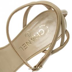Chanel Beige Patent Leather Ankle Strap Quilted Wedge Open Toe Sandals Size 41