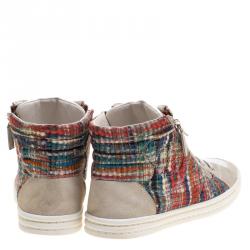 Pre Owned Chanel Multicolor Tweed Printed Fabric And Perforated Leather High Top Sneakers Size 38