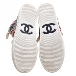 Pre Owned Chanel Multicolor Tweed Printed Fabric And Perforated Leather High Top Sneakers Size 38