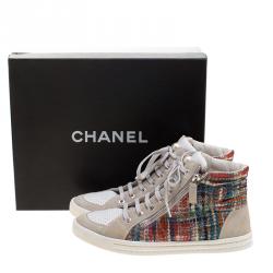 Pre Owned Chanel Multicolor Tweed Printed Fabric And Perforated Leather High Top Sneakers Size 38