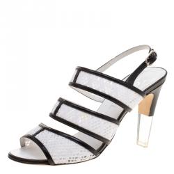 Chanel Monochrome Crochet Lace and Leather Open Toe Strappy Sandals Size 38.5