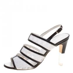 Chanel Monochrome Crochet Lace and Leather Open Toe Strappy Sandals Size 38.5