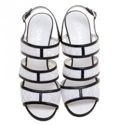 Chanel Monochrome Crochet Lace and Leather Open Toe Strappy Sandals Size 38.5