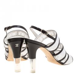 Chanel Monochrome Crochet Lace and Leather Open Toe Strappy Sandals Size 38.5