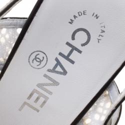 Chanel Monochrome Crochet Lace and Leather Open Toe Strappy Sandals Size 38.5