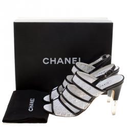 Chanel Monochrome Crochet Lace and Leather Open Toe Strappy Sandals Size 38.5