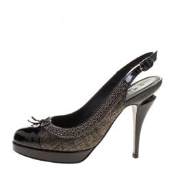 Chanel Black Leather CC Cap Toe Slingback Sandals Size 36.5