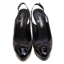 Chanel Black Leather CC Cap Toe Slingback Sandals Size 36.5