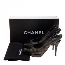 Chanel Black Leather CC Cap Toe Slingback Sandals Size 36.5