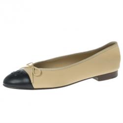 مملوكة مسبقًا Chanel Beige Leather CC Cap Toe Ballet Flats Size 38