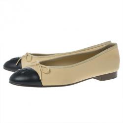 مملوكة مسبقًا Chanel Beige Leather CC Cap Toe Ballet Flats Size 38