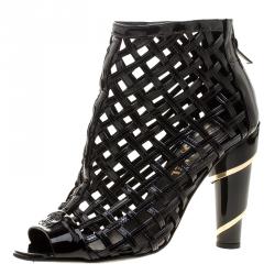 Chanel Black Patent Leather Open Toe Cage Ankle Boots Size 36