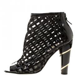 Chanel Black Patent Leather Open Toe Cage Ankle Boots Size 36