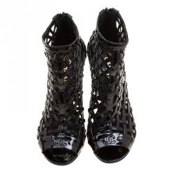 Chanel Black Patent Leather Open Toe Cage Ankle Boots Size 36