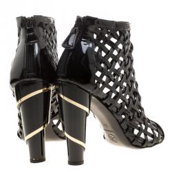 Chanel Black Patent Leather Open Toe Cage Ankle Boots Size 36