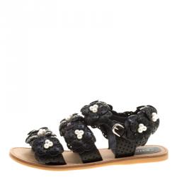 Chanel Black Perforated Leather CC Camellia Sandals Size 39