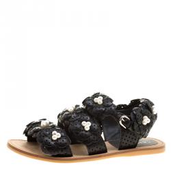 Chanel Black Perforated Leather CC Camellia Sandals Size 39