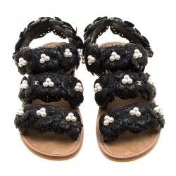 Chanel Black Perforated Leather CC Camellia Sandals Size 39