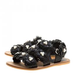 Chanel Black Perforated Leather CC Camellia Sandals Size 39