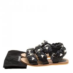 Chanel Black Perforated Leather CC Camellia Sandals Size 39