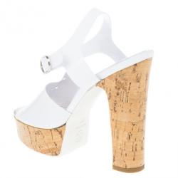 مملوكة مسبقًا Chanel White Patent Cork Heel Ankle Strap Sandals Size 37