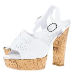 مملوكة مسبقًا Chanel White Patent Cork Heel Ankle Strap Sandals Size 37