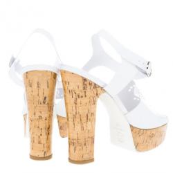 مملوكة مسبقًا Chanel White Patent Cork Heel Ankle Strap Sandals Size 37