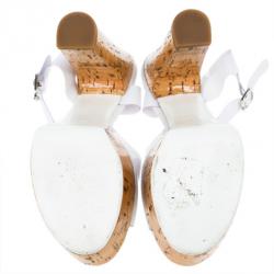 مملوكة مسبقًا Chanel White Patent Cork Heel Ankle Strap Sandals Size 37
