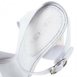 مملوكة مسبقًا Chanel White Patent Cork Heel Ankle Strap Sandals Size 37