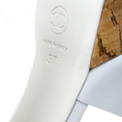 مملوكة مسبقًا Chanel White Patent Cork Heel Ankle Strap Sandals Size 37