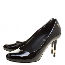 مملوكة مسبقًا Chanel Black Patent Leather CC Pearl Heel Round Toe Pumps Size 37