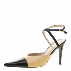 Chanel Two Tone Leather Cap Toe Ankle Strap Vintage Sandals Size 37.5
