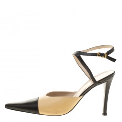 Chanel Two Tone Leather Cap Toe Ankle Strap Vintage Sandals Size 37.5