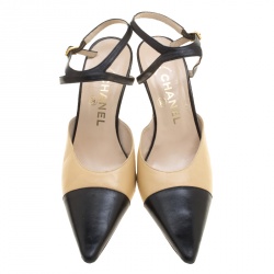 Chanel Two Tone Leather Cap Toe Ankle Strap Vintage Sandals Size 37.5